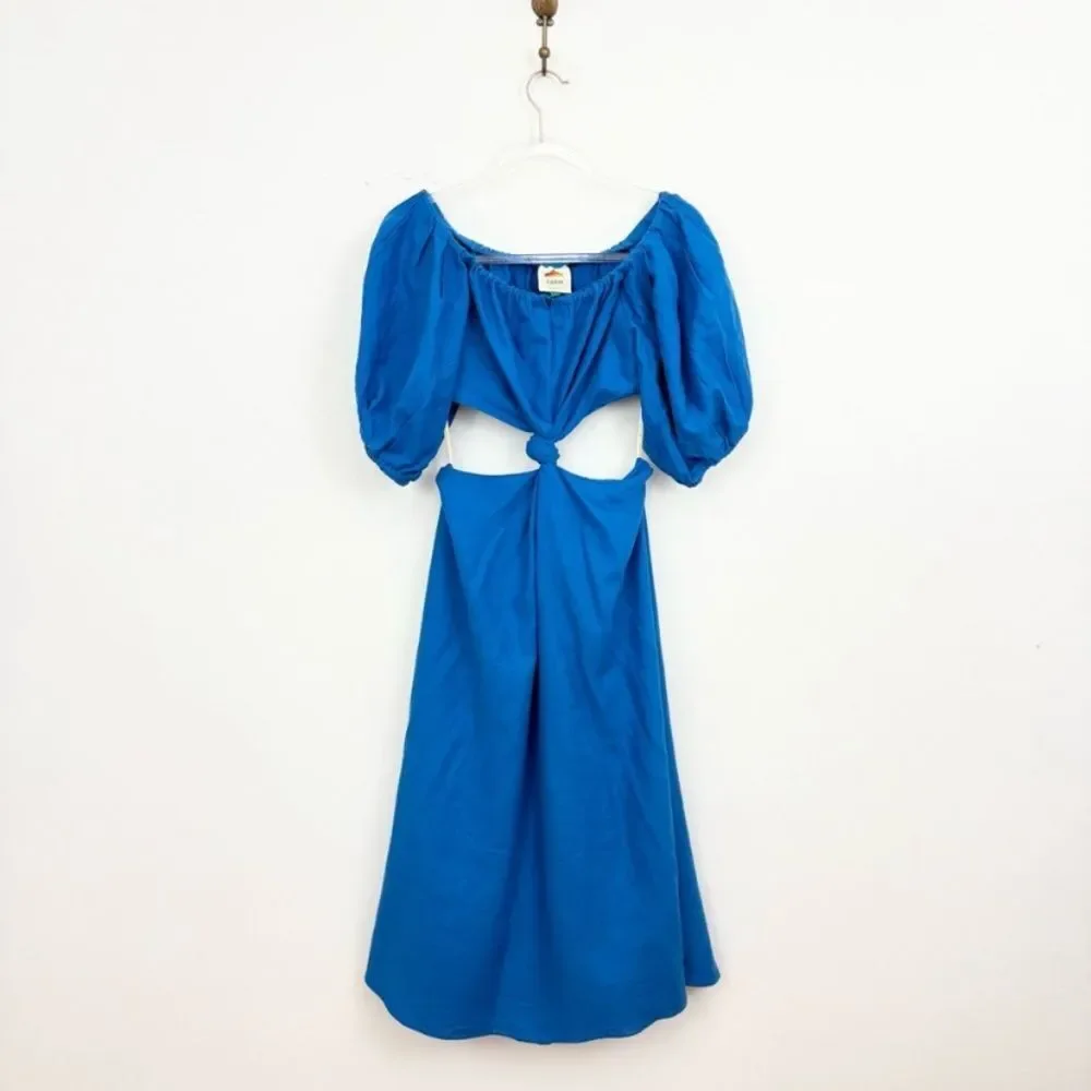 Farm Rio Knotted Linen Blend Blue Midi Cut Out Dress Off Shoulder Size L